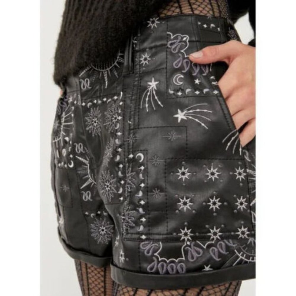 NWT Free People Shorts Raise The Stakes Black Faux Leather Embroidered $128 - Picture 5 of 7